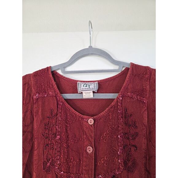 Boho 90s Brick Red Embroidered Button Front Grungy Festival Midi Dress, Medium - Picture 3 of 11